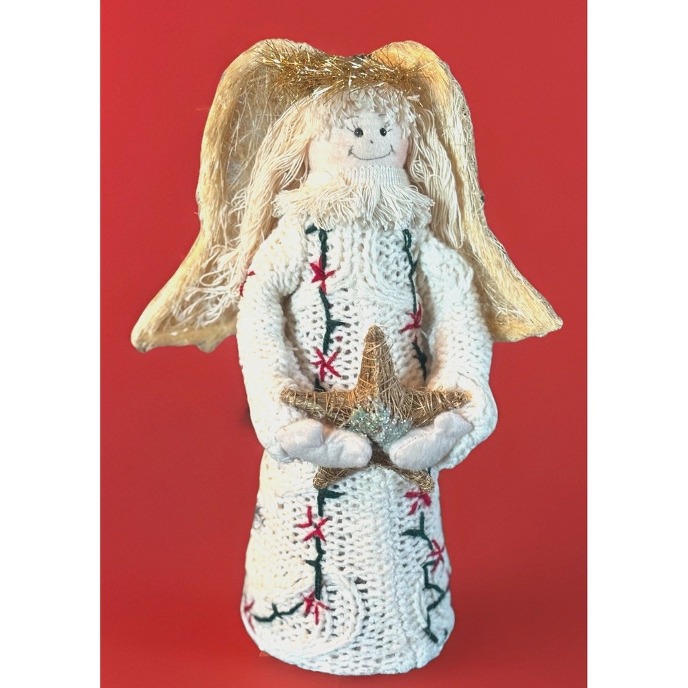 Rustic Angel Christmas Tree Topper Holding Twig Star Ornament Sweater Dress Vtg